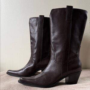 Franco Sarto Dark Brown Leather Mid-Calf Heeled Boots